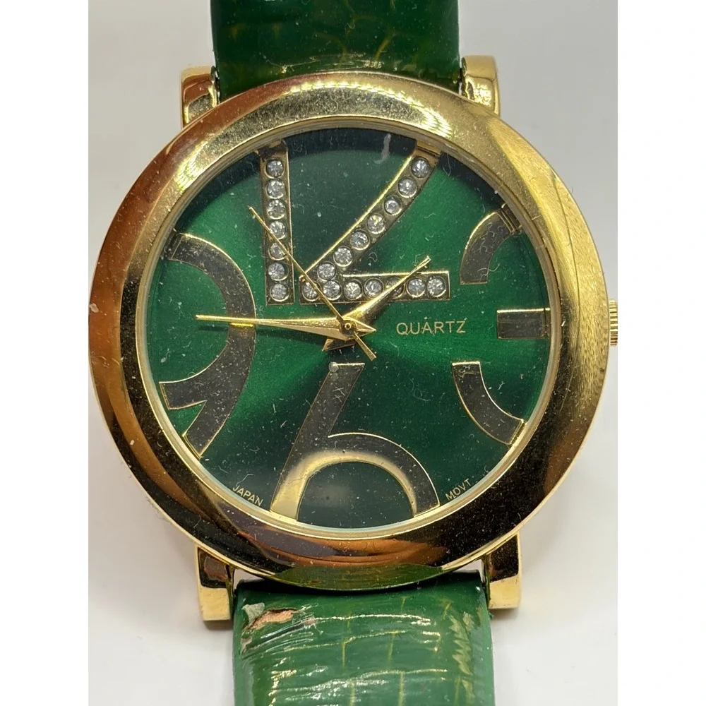 Gold‎ Tone Green Dial Quartz Ladies Watch Rhinestone Accents Green Strap
